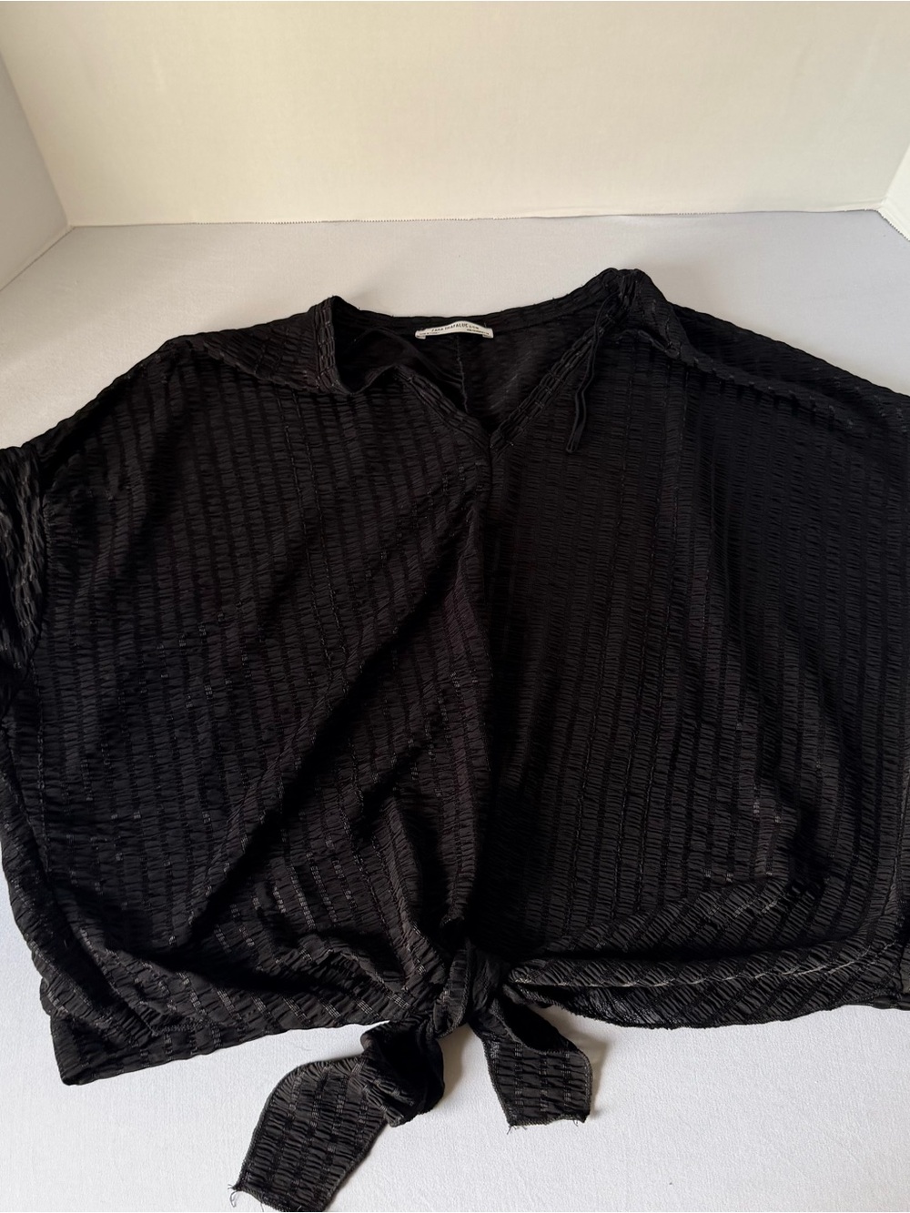 Zara Black Textured Tie-Front Button Down Shirt